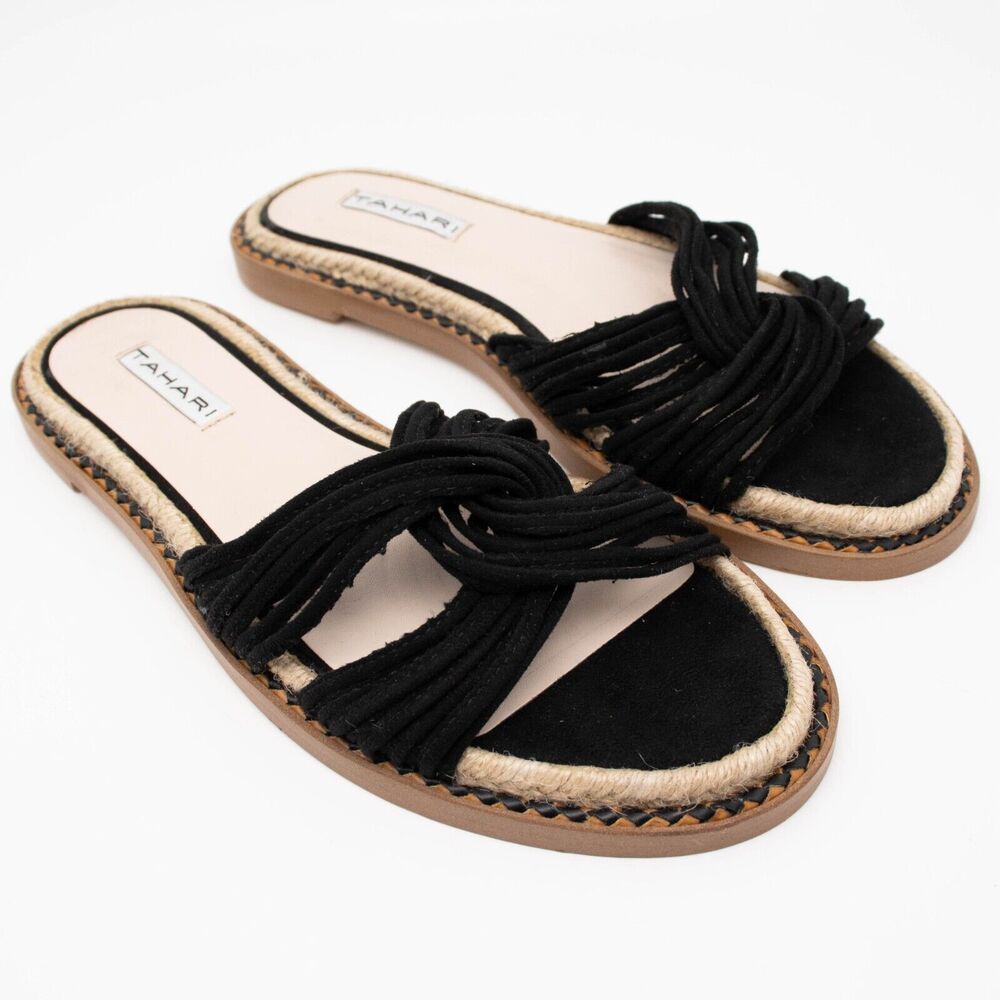 Tahari Cailyn Slides Black Strappy Braided Flip Flop Sandals SIZE 6